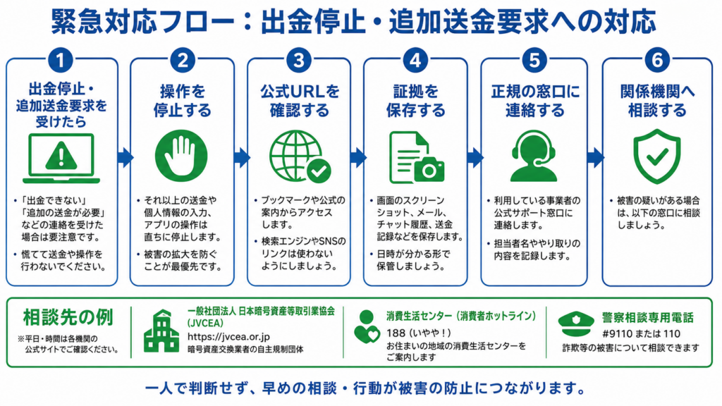 暗号資産の出金停止や追加送金要求時に操作停止・証拠保存・相談を行う図