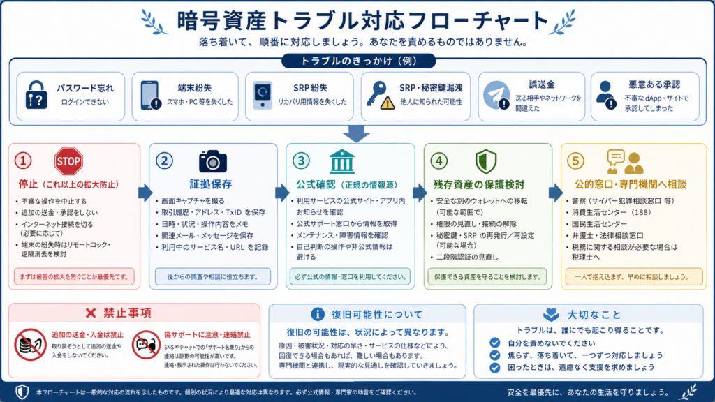 パスワード忘れ・端末紛失・SRP紛失や漏洩・誤送金・悪意ある承認の対処分岐図