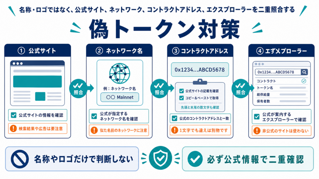 トークン名称ではなくネットワークとコントラクトアドレスを公式情報で照合する図