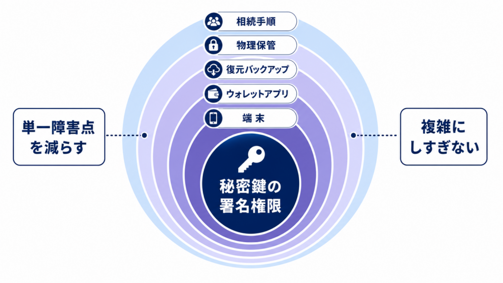 端末・ウォレット・バックアップ・物理保管・相続手順で秘密鍵を守る多層管理図