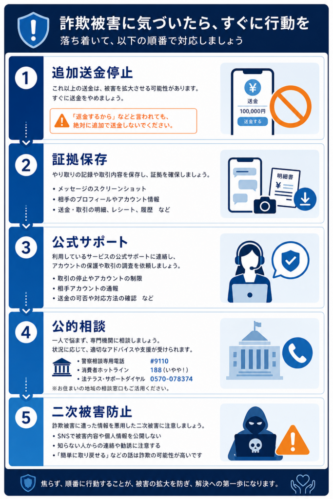 誤送金や詐欺送金時の停止、証拠保存、公式相談の初動