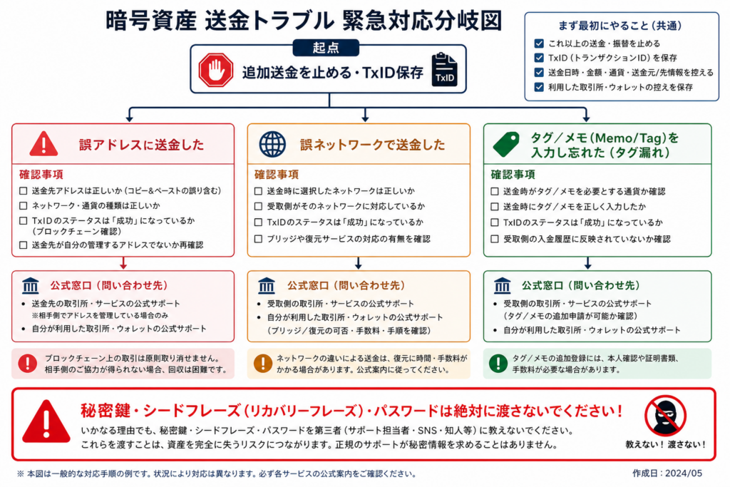 誤アドレス・誤ネットワーク・宛先タグ漏れを分ける緊急対応の分岐図