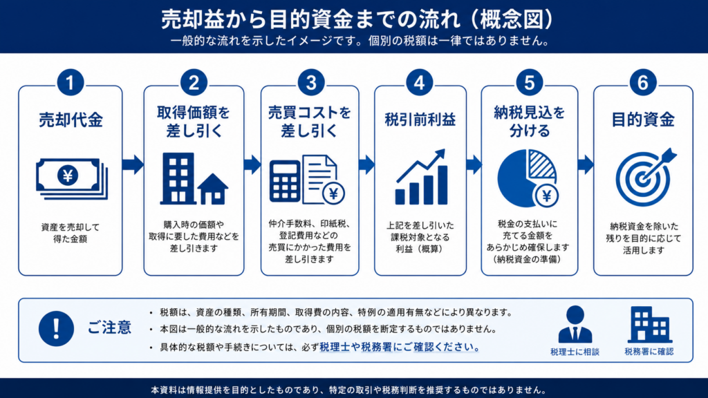 ：暗号資産売却後の資金を納税・生活目的・再投資待機・残り保有に分ける図
