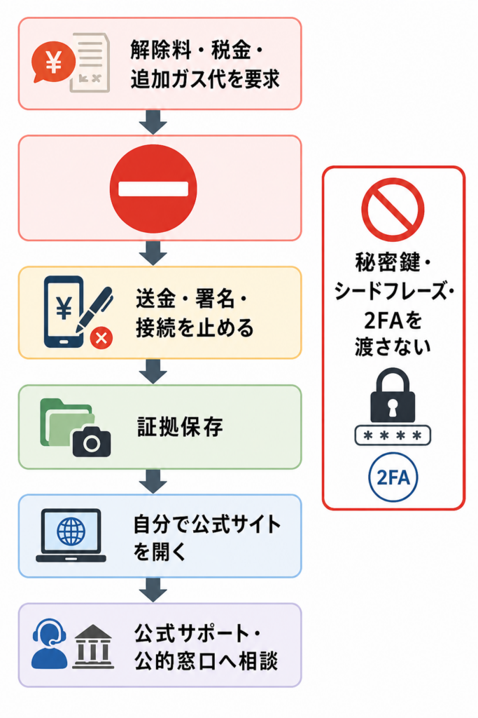 追加ガス代や解除料を要求されたときの送金停止と公式相談手順