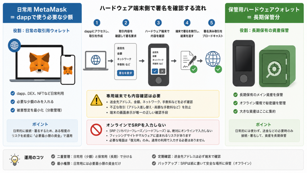 日常用MetaMaskと長期保管用ハードウェアウォレットの資産と署名の役割分担図