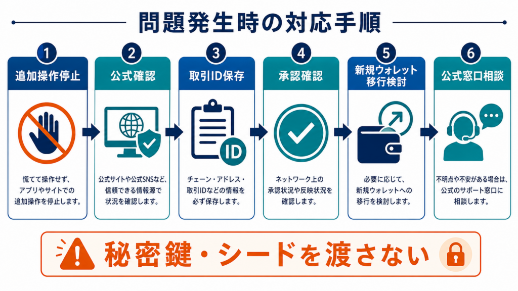 スマートコントラクト事故時に追加操作を止め証拠保存と資産移行を検討する流れ