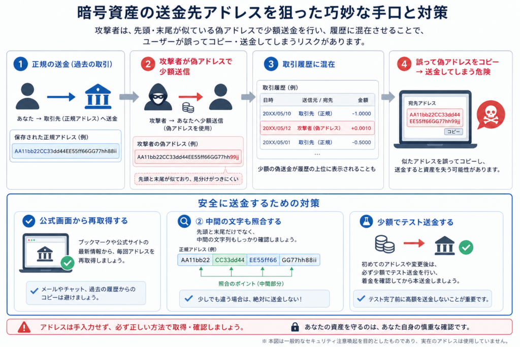 アドレスポイズニングで似た偽アドレスが取引履歴へ混ざる攻撃の図