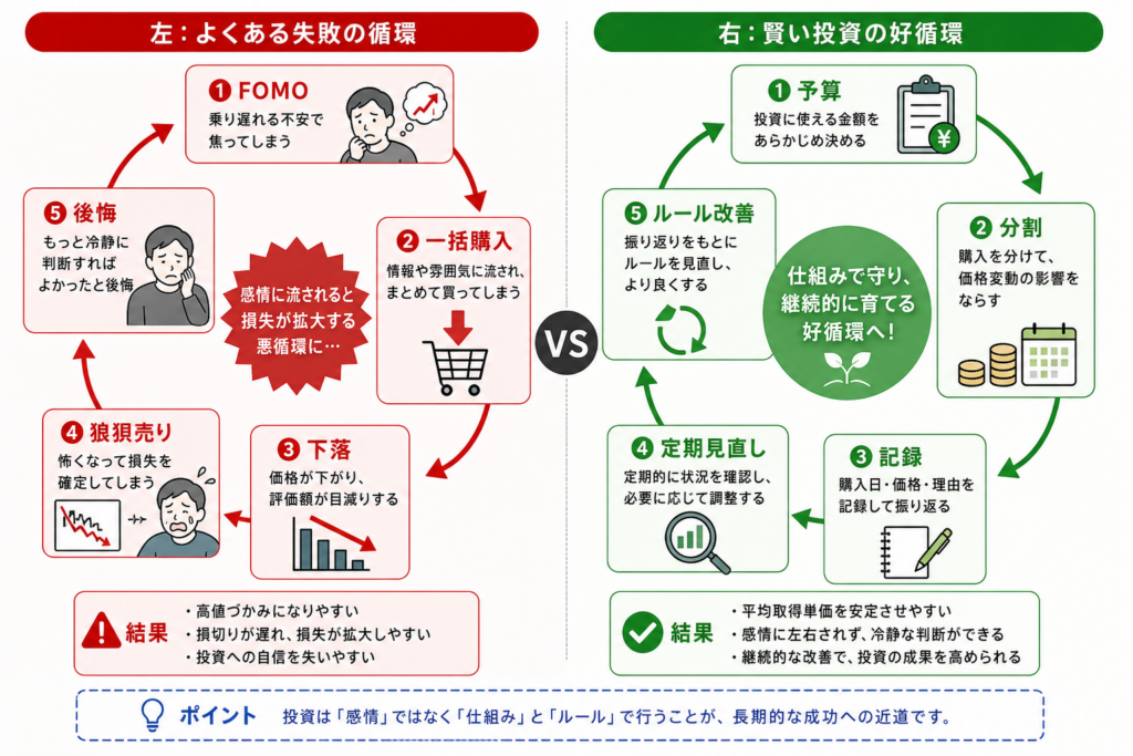 FOMOから一括購入・下落・狼狽売りへ進む失敗循環とルール購入の循環を比較する図 | Caption: 価格中心の失敗循環を、予算・分割・記録中心の循環へ置き換えます。