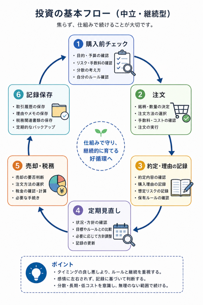 暗号資産の購入前確認・注文・記録・定期見直し・売却・税務をつなぐ管理フロー図 | Caption: 購入、記録、見直し、売却・税務を一続きのルールとして管理します。