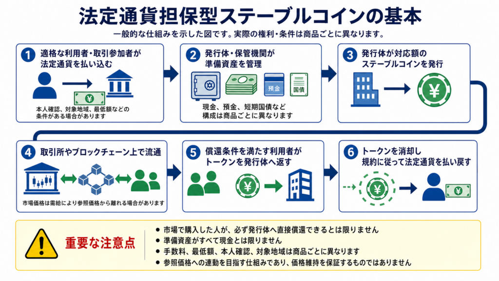 法定通貨の払い込みから準備資産の管理、発行、流通、償還までを示す図