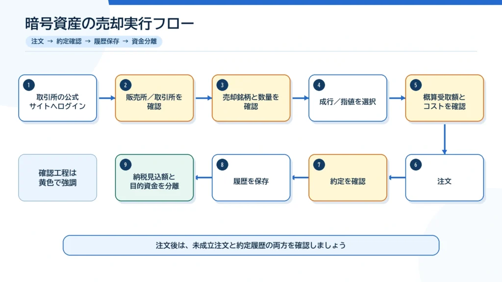 公式サイトへのログインから売却注文、約定、履歴保存、資金分離までの手順図