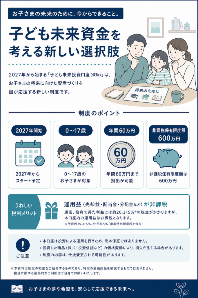 2027年開始のこどもNISAを親子と年間60万円の積立枠で示す概要