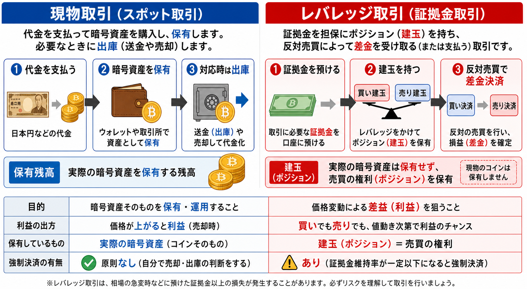 暗号資産の現物保有とレバレッジ取引の建玉・差金決済の違い