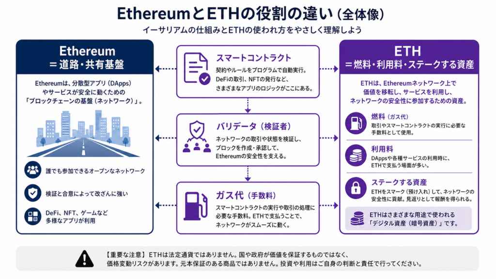 Ethereumは仕組み、ETHはその仕組みで使うネイティブ暗号資産です。