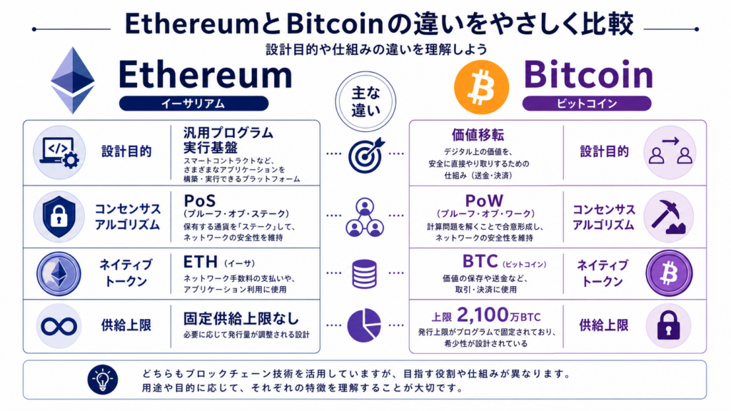 イーサリアムとビットコインの目的・合意方式・資産・供給設計の比較図