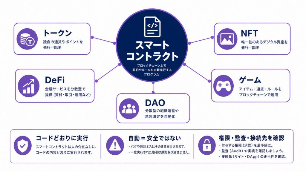 スマートコントラクトからNFT・DeFi・ゲーム・DAOへ広がる活用関係図