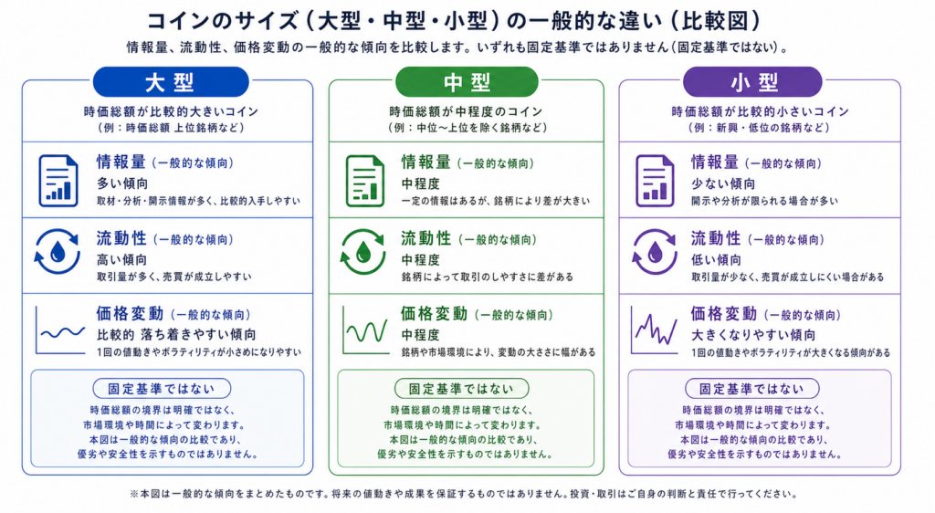 大型中型小型の暗号資産に見られる一般的特徴と注意点を比較する図