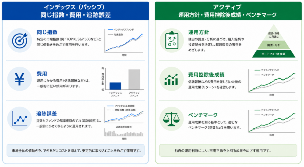 インデックスファンドとアクティブファンドの費用と成果の比較方法